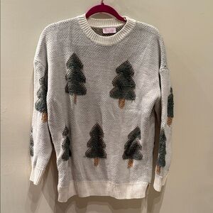 Pink Lily Cream Sweater with Green Tree Motif